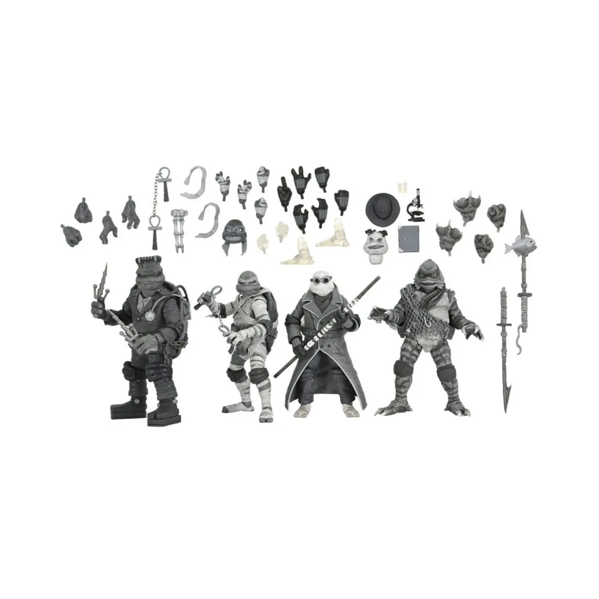 NECA - Pack 4 figurines Turtles Black & White - Universal Monsters x TMNT
